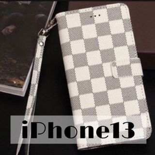 チェック柄 手帳型 iPhoneケース iPhone13 ホワイト(iPhoneケース)