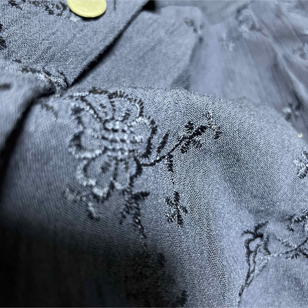 デニム　ロング　スカート　刺繍　異素材　花柄　ボタニカル　藍色　ネイビー