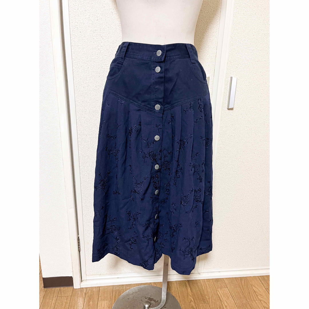 デニム　ロング　スカート　刺繍　異素材　花柄　ボタニカル　藍色　ネイビー 1