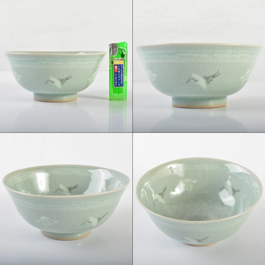 韓国人間文化財 柳海剛(柳根瀅)作 高麗青磁 象嵌鶴雲文茶碗 共箱 VR6347 韓国人間文化財 柳海剛(柳根瀅)作 高麗青磁 象嵌鶴雲文茶碗 共箱 VR6347