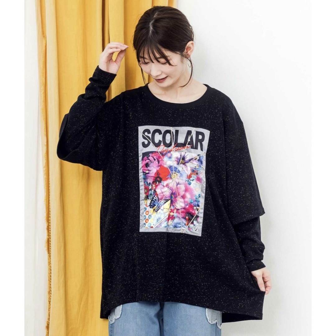 scolar スカラー 133697:ロゴ花柄アップリケ ラメ裏毛チュニック-
