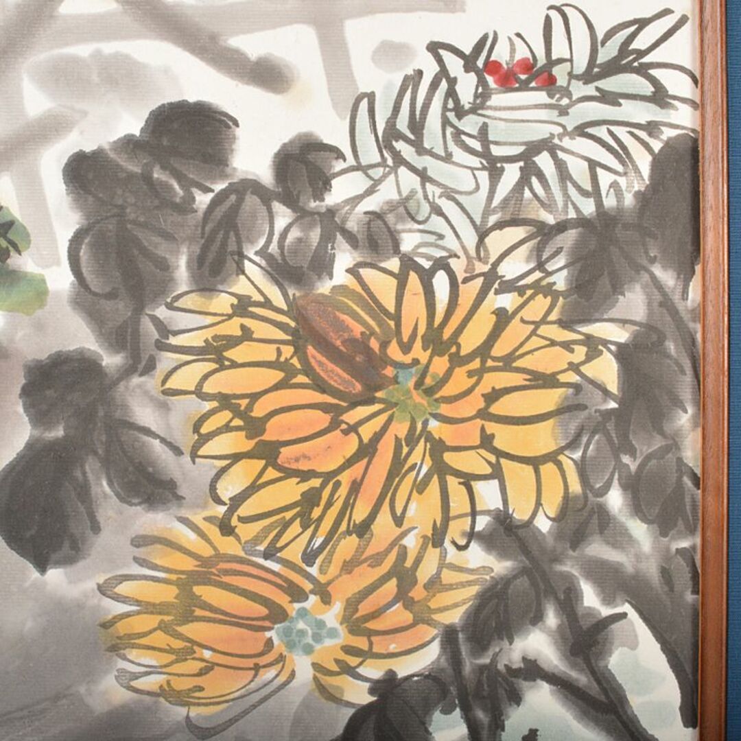 中国 工芸印刷 紙本墨画淡彩 呉昌碩行書 花図 額装 M R6355Bの