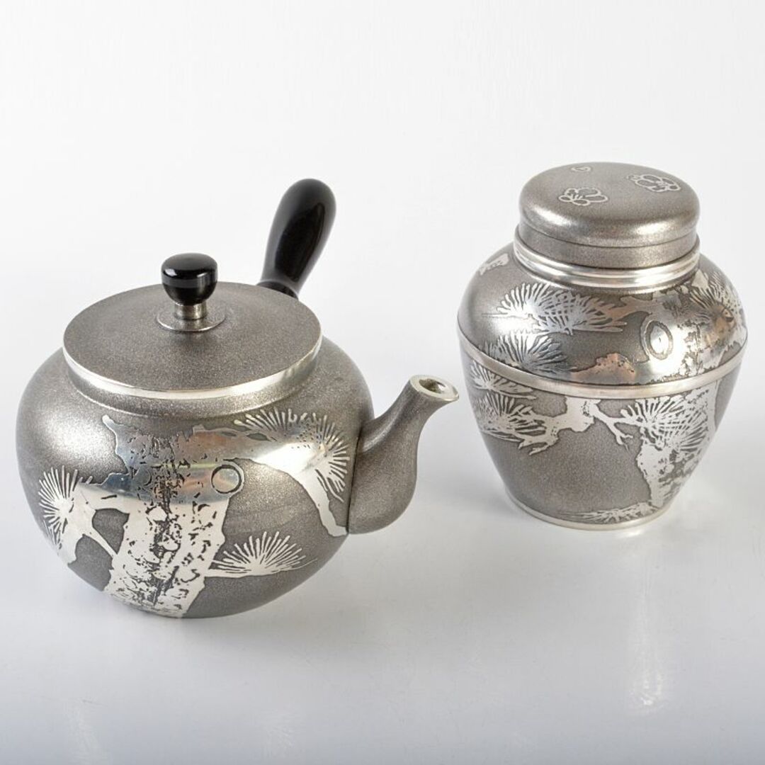 煎茶道具　本錫製　乾茂號造　四君子文　茶壷　急須　茶托　茶器　桐箱　FR6364