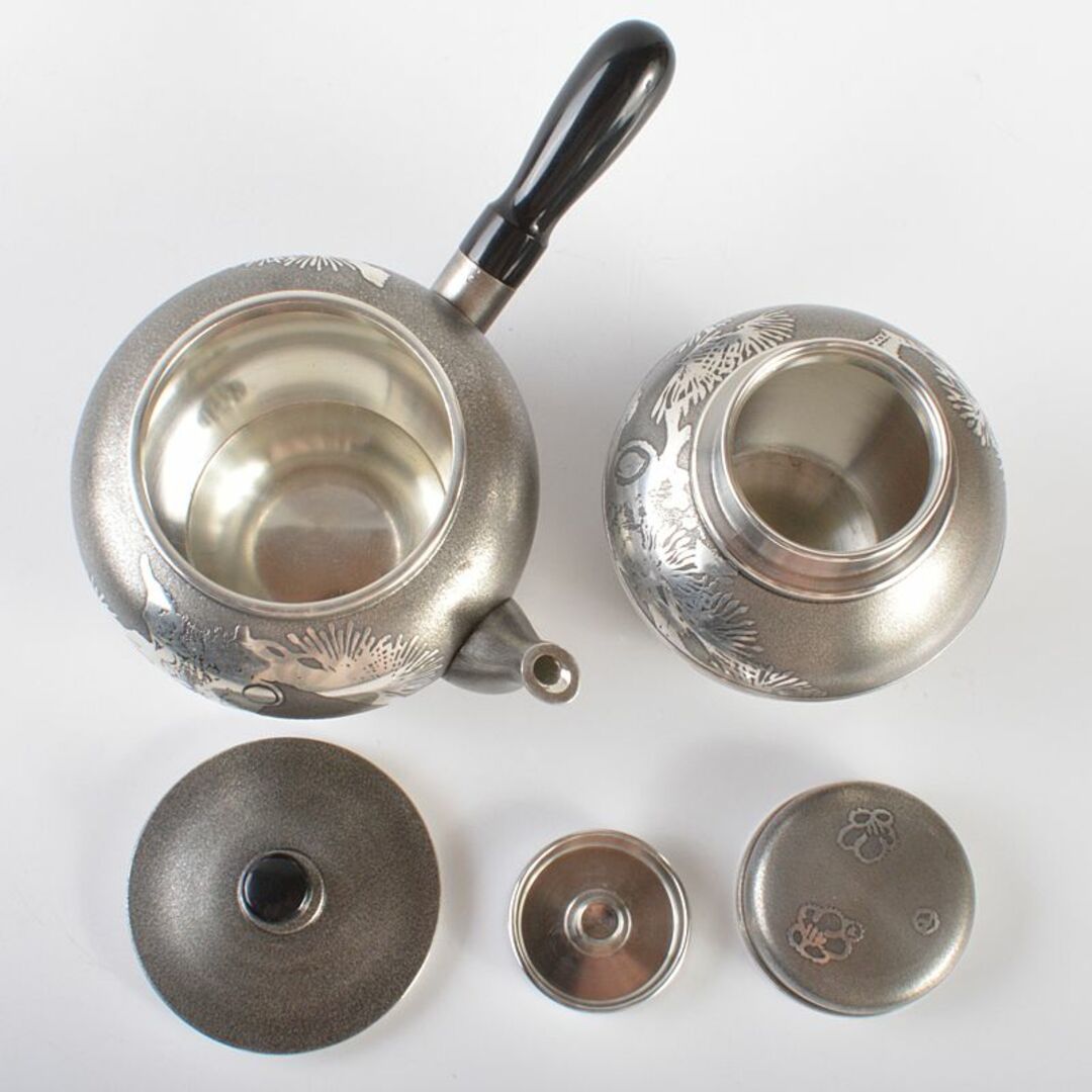 煎茶道具　本錫製　乾茂號造　四君子文　茶壷　急須　茶托　茶器　桐箱　FR6364