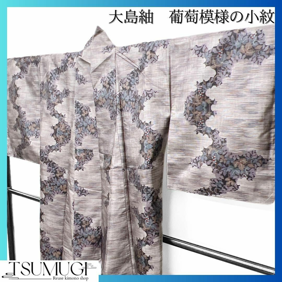 大島紬 泥染 葡萄模様の織り出し小紋 着物-
