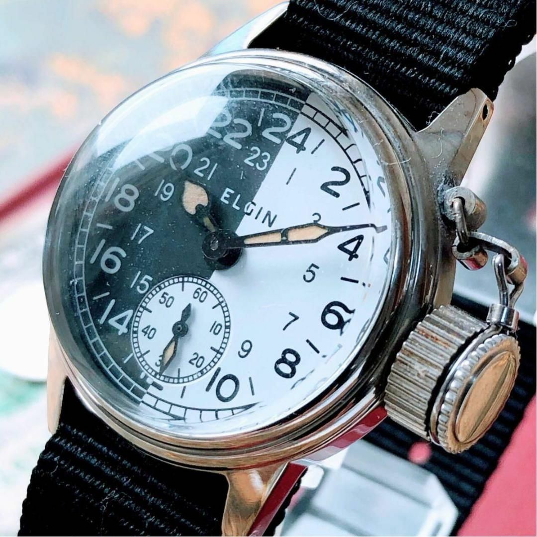 エルジン ELGIN 白黒24時間 リューズガード付き 手巻き軍用　WW2