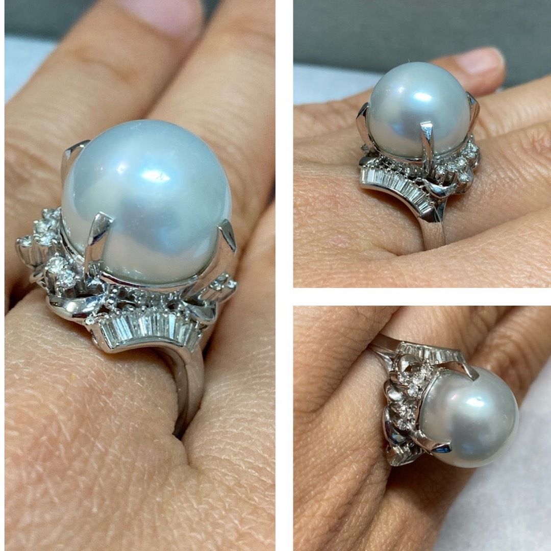 Pt900 13.5mm 大粒の白蝶パールリング 指輪 ダイヤ入り0.65ct