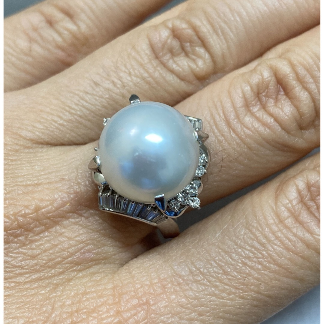 Pt900 13.5mm 大粒の白蝶パールリング 指輪 ダイヤ入り0.65ct