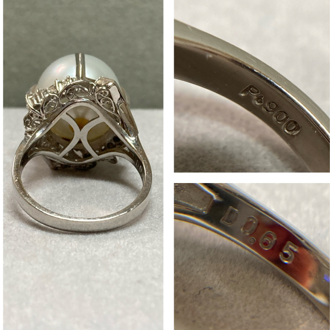 Pt900 13.5mm 大粒の白蝶パールリング 指輪 ダイヤ入り0.65ct