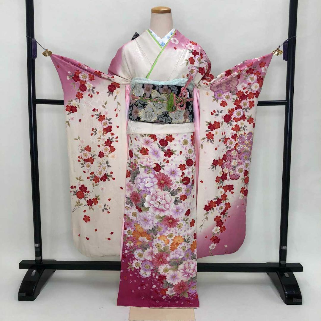 振袖6点セット 白 ピンク 成人式 裄70cm 正絹 草履バックセット S-98-