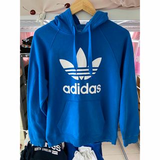 アディダス(adidas)のデカロゴ　古着 adidas トレフォイル　パーカー　L　青 ブル(パーカー)