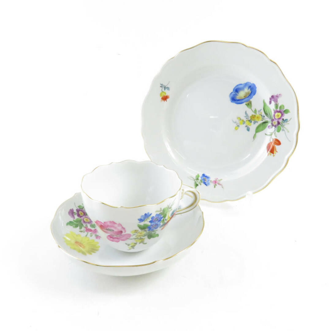 グラス/カップ美品 MEISSEN マイセン ベーシックフラワー ティーカップ＆ソーサー&中皿 2点 ティーセット 18cmプレート デザート SY7058A2