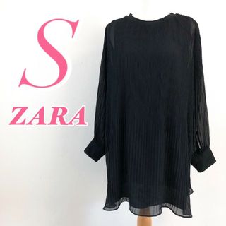 ザラ(ZARA)のZARA ザラ　長袖ブラウス　ブラック　S　プリーツ　チュニック　透け感(シャツ/ブラウス(長袖/七分))