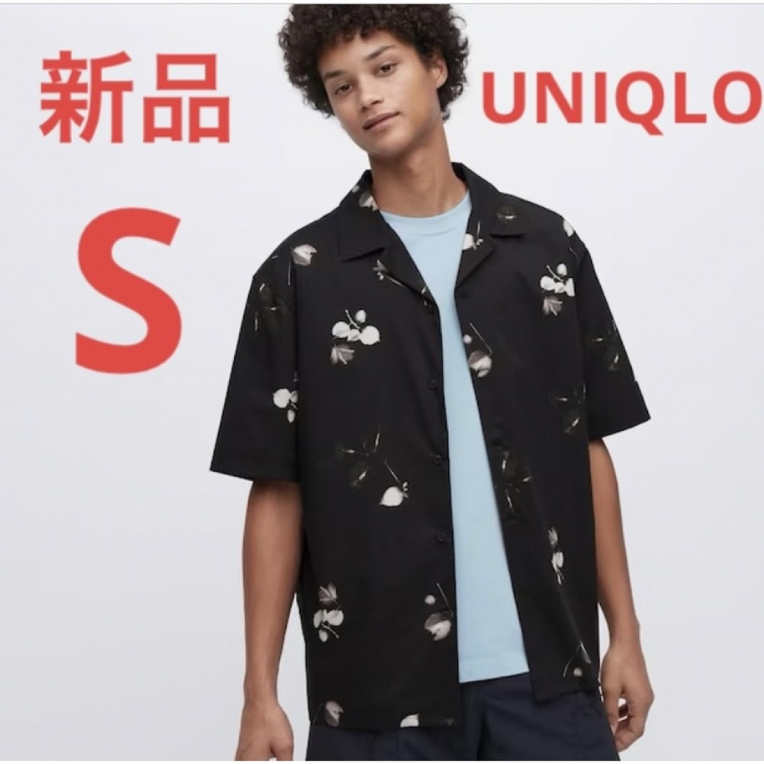 UNIQLO(ユニクロ)の新品　ユニクロ　プリントオープンカラーシャツ（半袖）Sサイズ　ブラック メンズのトップス(シャツ)の商品写真