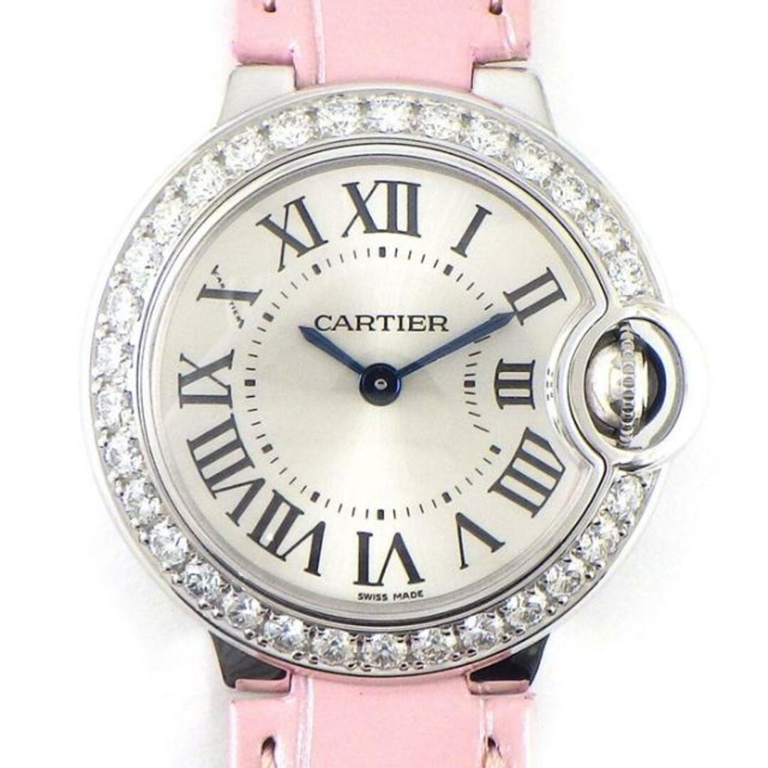 カルティエ Cartier 腕時計 バロンブルー SM WE900351 ダイヤモンドベゼル シルバー サンレイ文字盤 K18WG ピンク アリゲーター レザーベルト クオーツアナログ 【箱・保付き】