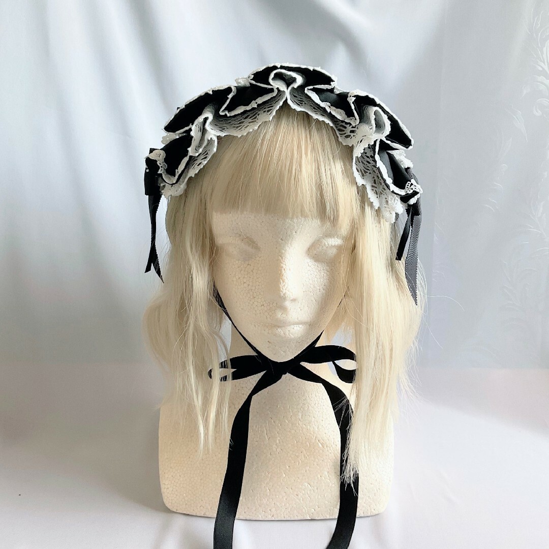 編み上げハーフボンネット風ヘッドドレス 黒×オフ白 3