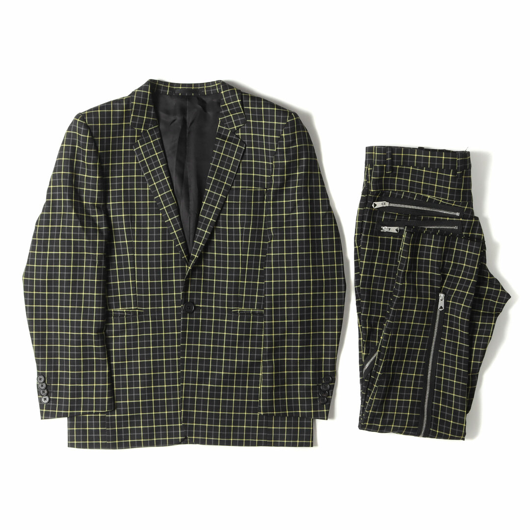 Paul Smith ポールスミス セットアップ サイズ：JKT M PNT L 近年モデル タッタソールチェック ウール 1B テーラード ジャケット ジップ装飾 ボンテージ テーパード スラックス パンツ スーツ ブラック イエロー グレー【メンズ】【美品】