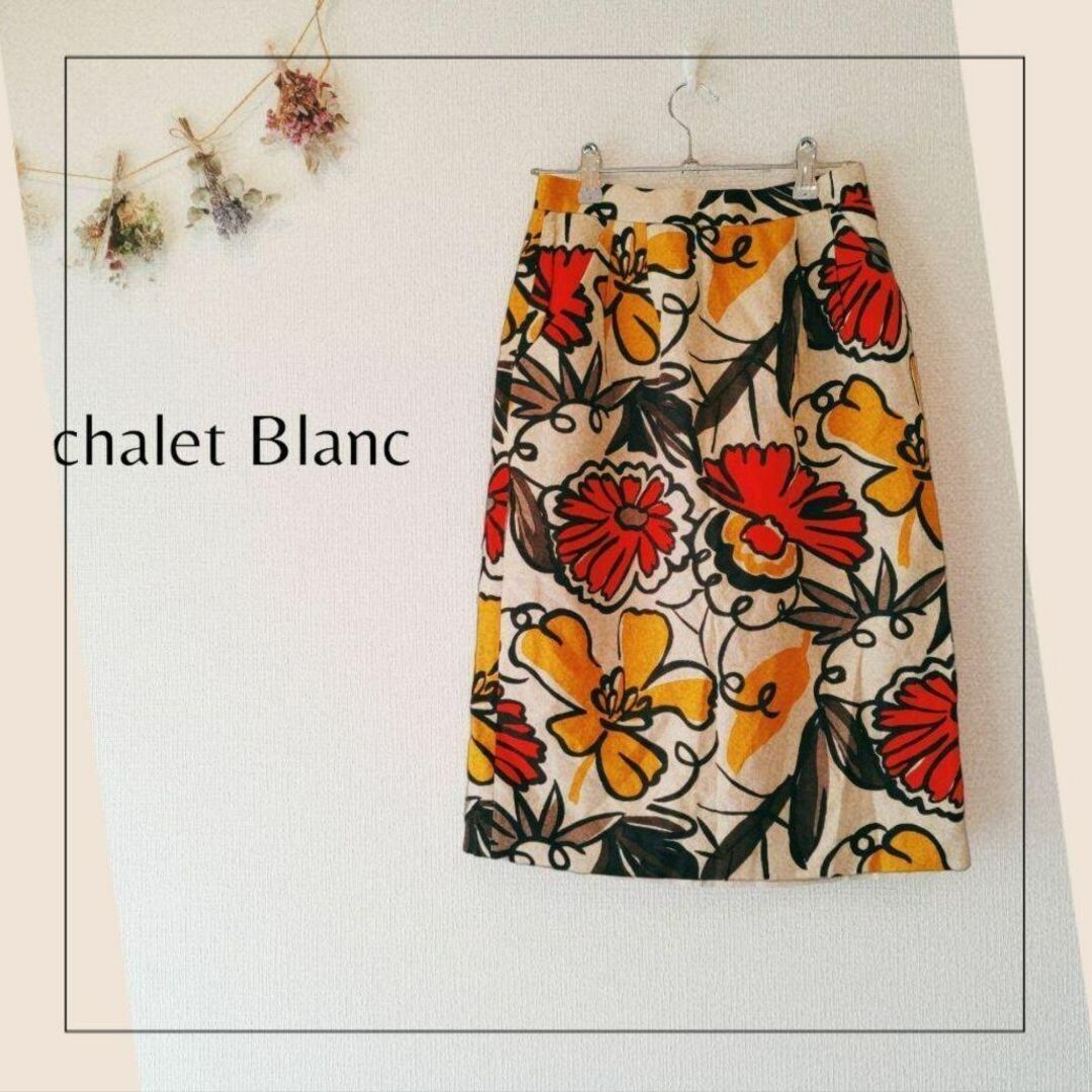 chalet Blanc／Ｆ／麻混　大柄花柄　大人モードフェミニンタイトスカート