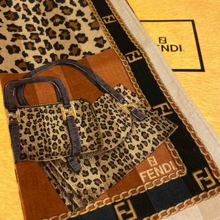 美品 フェンディ レオパード 柄 キャンバス レザー ブラウン トラベルバッグ ハンドバッグ 茶 0127  FENDI