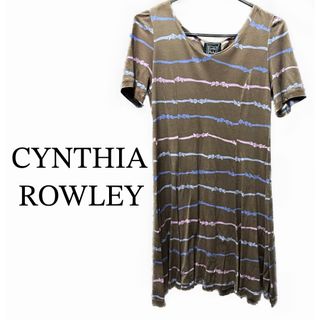 シンシアローリー(Cynthia Rowley)のシンシアローリー【美品】リボン柄 ボーダー 半袖 ひざ丈 フレア ワンピース(ミニワンピース)