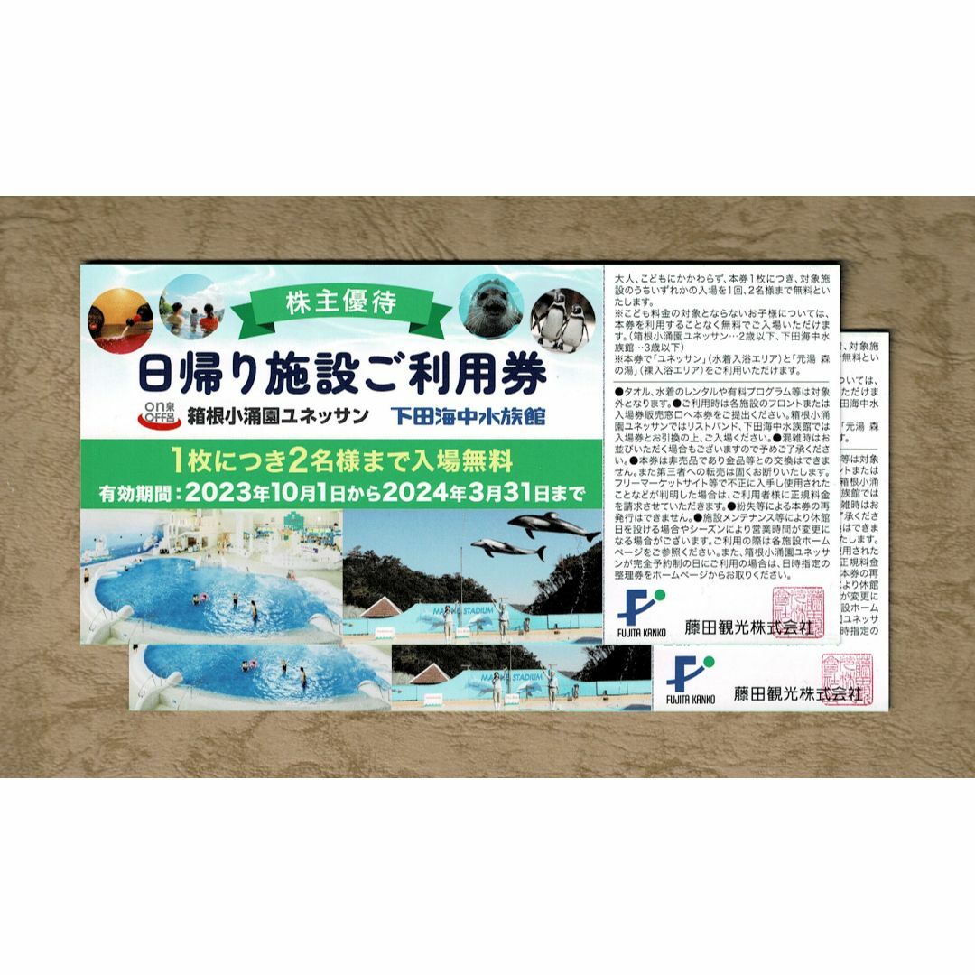 2枚 藤田観光 株主優待券 箱根小涌園ユネッサン・下田海中水族館 - プール