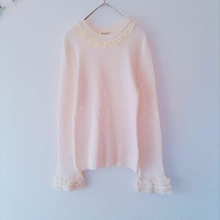 アクシーズファム(axes femme)の〚アクシーズファム〛（М）美品　ビジュー　フリル　リブ　クルーネックロングシャツ(Tシャツ(長袖/七分))