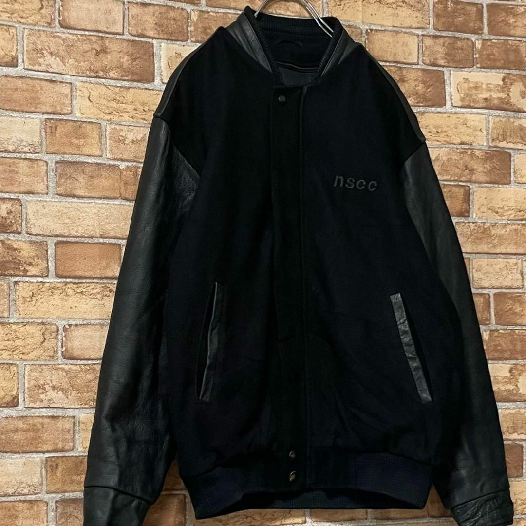 ヴィンテージ 袖革ウールスタジャン 刺繍ロゴ 黒 レザー ジップアップ S