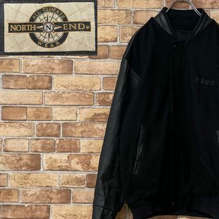 ヴィンテージ 袖革ウールスタジャン 刺繍ロゴ 黒 レザー ジップアップ S