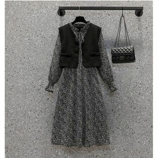 大きいサイズ レディース 秋　冬 ワンピース　重ね着　2点セット　新品 長袖　春(ひざ丈ワンピース)