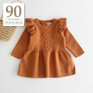 80～90cm｜キャメルブラウン〔肩フリル長袖ニットワンピース〕女の子ベビー子供(ワンピース)