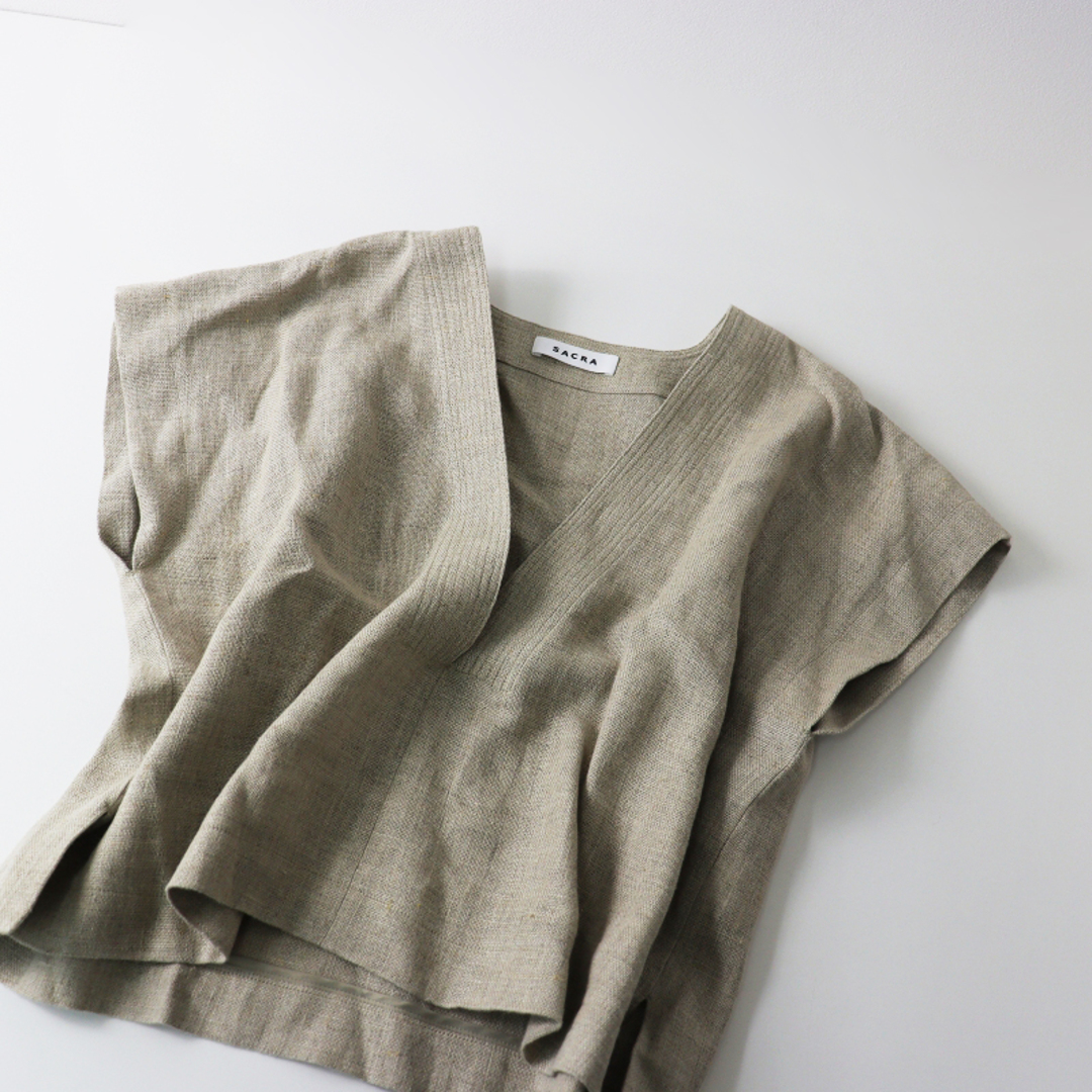 極美品 サクラ SACRA RUSTIC LINEN TOP 38/生成り リネンクロップドトップス ブラウス バイオ加工 定価2.8万【2400013532310】