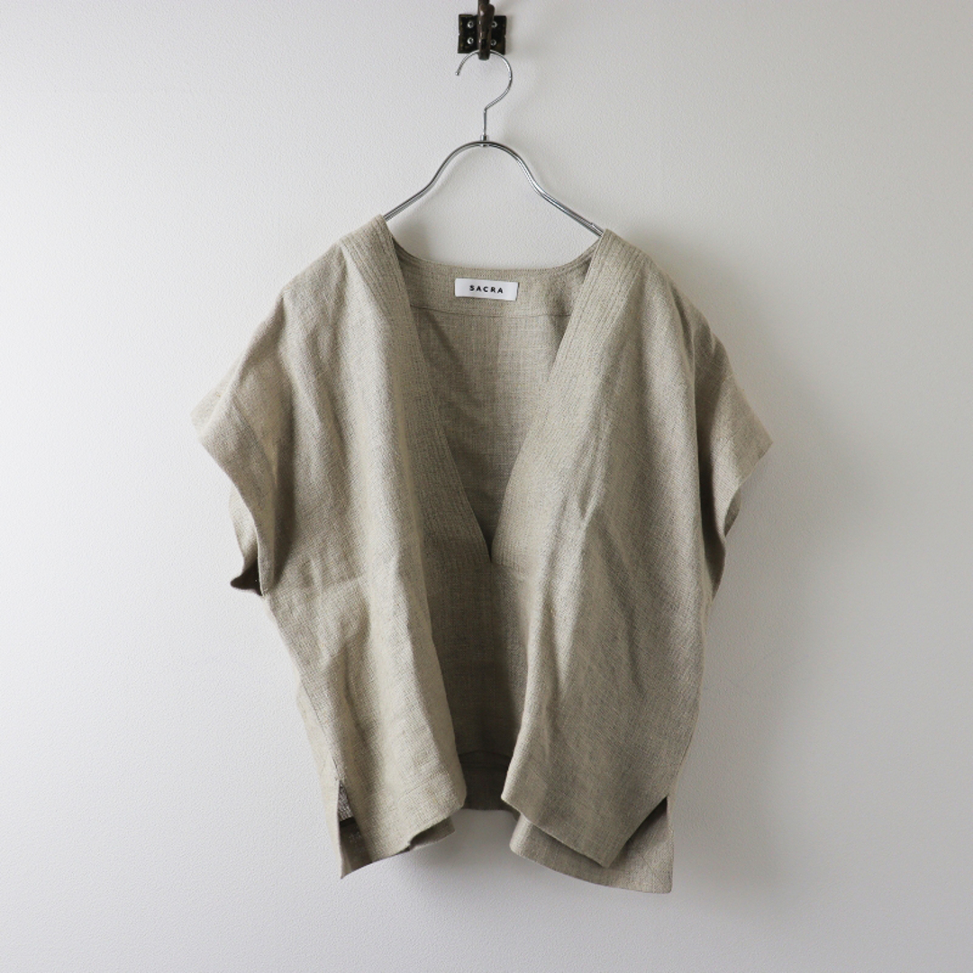 極美品 サクラ SACRA RUSTIC LINEN TOP 38/生成り リネンクロップドトップス ブラウス バイオ加工 定価2.8万【2400013532310】