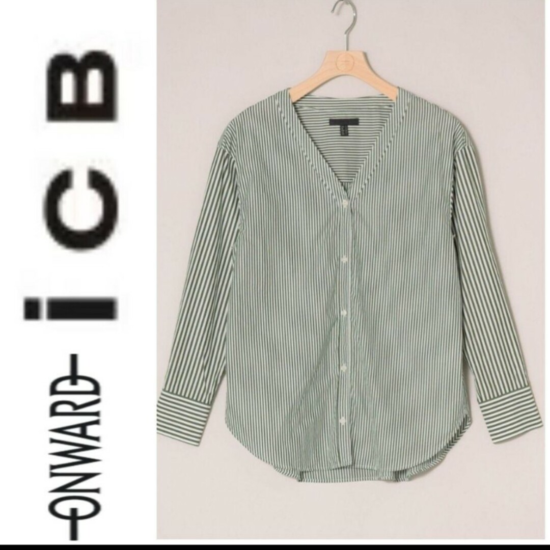試着のみ♡ICB ストライプ ノーカラー シャツ ブラウス ホワイト×グリーン | フリマアプリ ラクマ