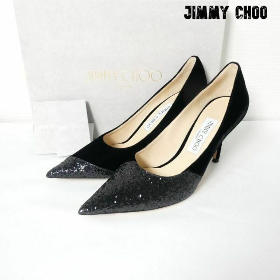 極美品 JIMMY CHOO LOVE ベロア ポインテッドトゥ パンプス-