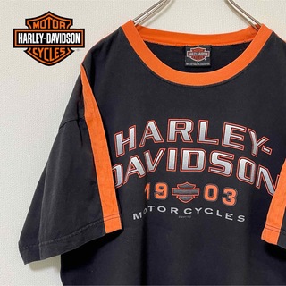 ハーレーダビッドソン(Harley Davidson)のこれは貴重な1着！ショルダーにオレンジラインがカッコいいハーレーT(大きめL)(Tシャツ/カットソー(半袖/袖なし))