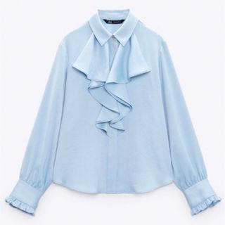 ザラ(ZARA)の【ZARA】フリルつきサテンシャツ　blue(シャツ/ブラウス(長袖/七分))