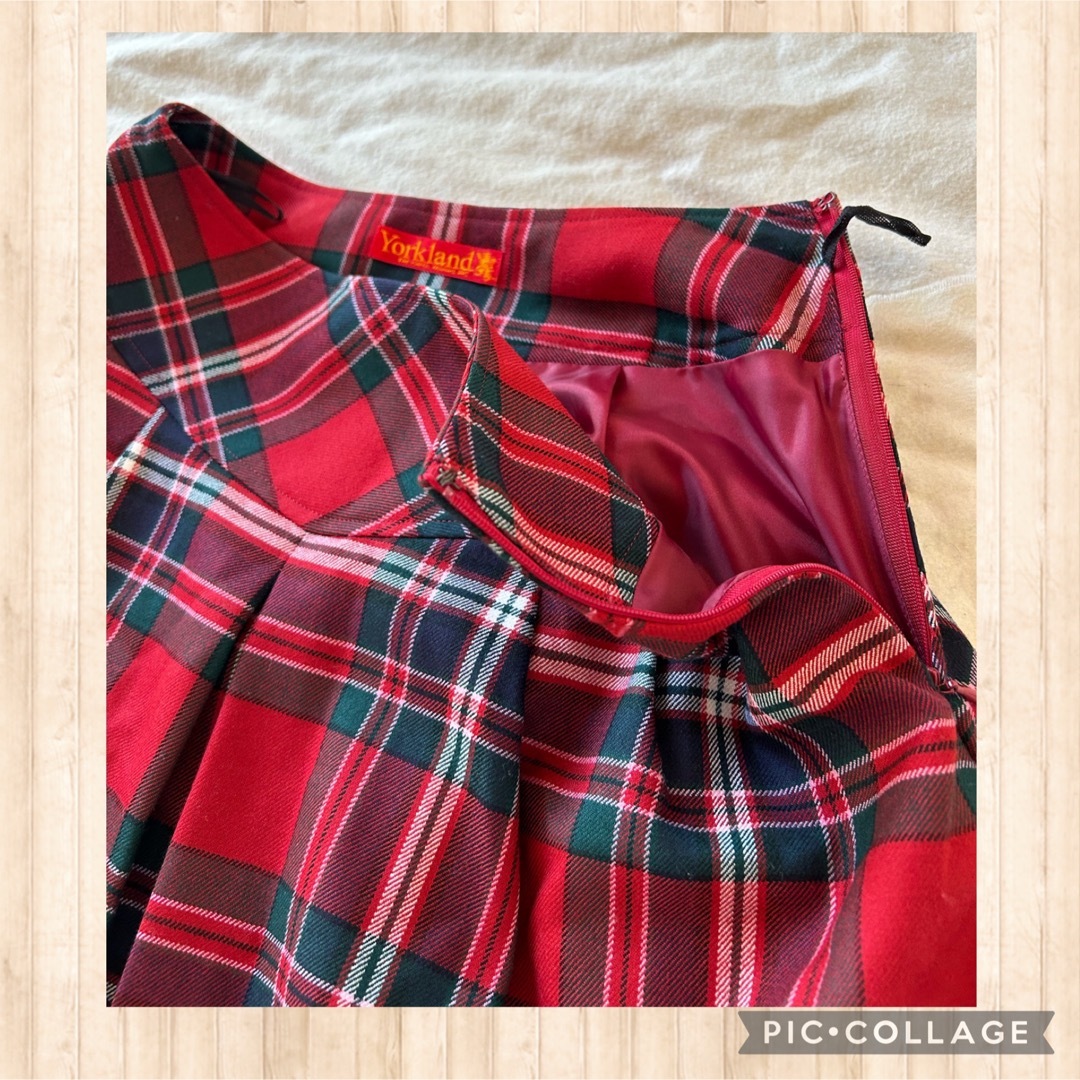Yorkland(ヨークランド)のYorkland チェック柄　ウール　膝下　ロング　スカート　赤　レッド　秋冬 レディースのスカート(ロングスカート)の商品写真