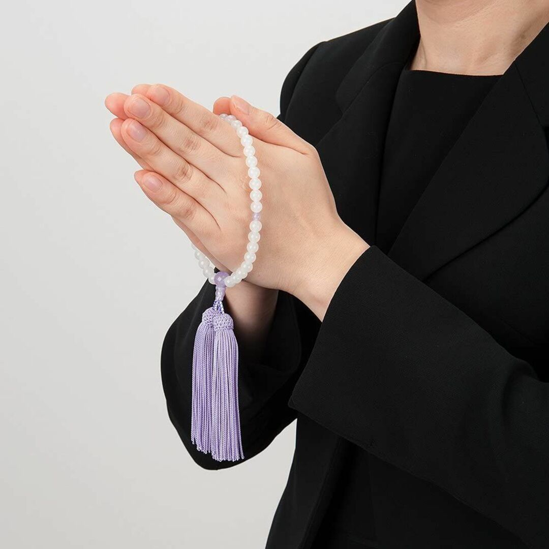 京念珠　数珠　女性用　白オニキス（7mm玉）　紫雲石仕立　正絹頭付房　数珠袋付
