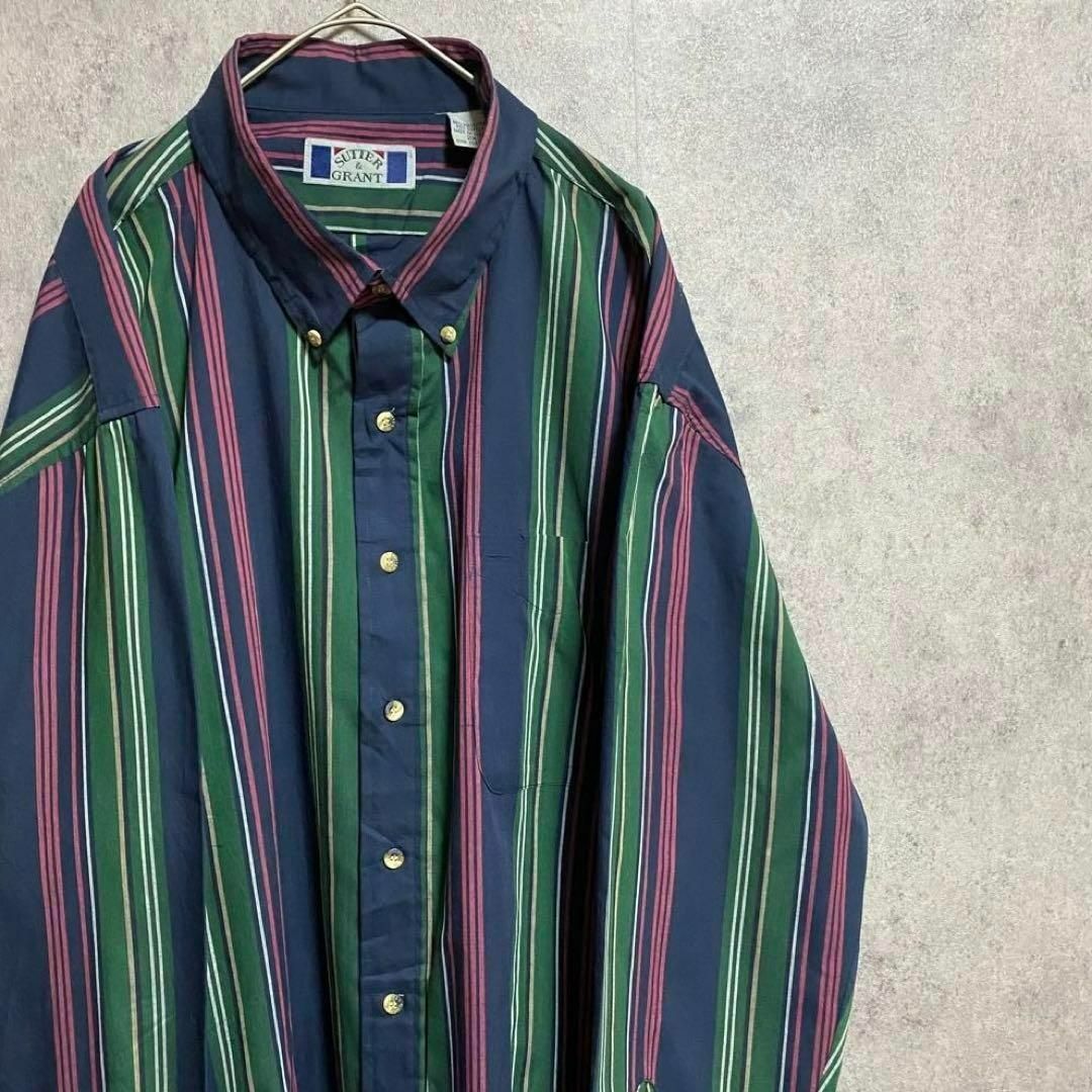 90S vintage 長袖　ストライプシャツ　メンズ2x 　個性派