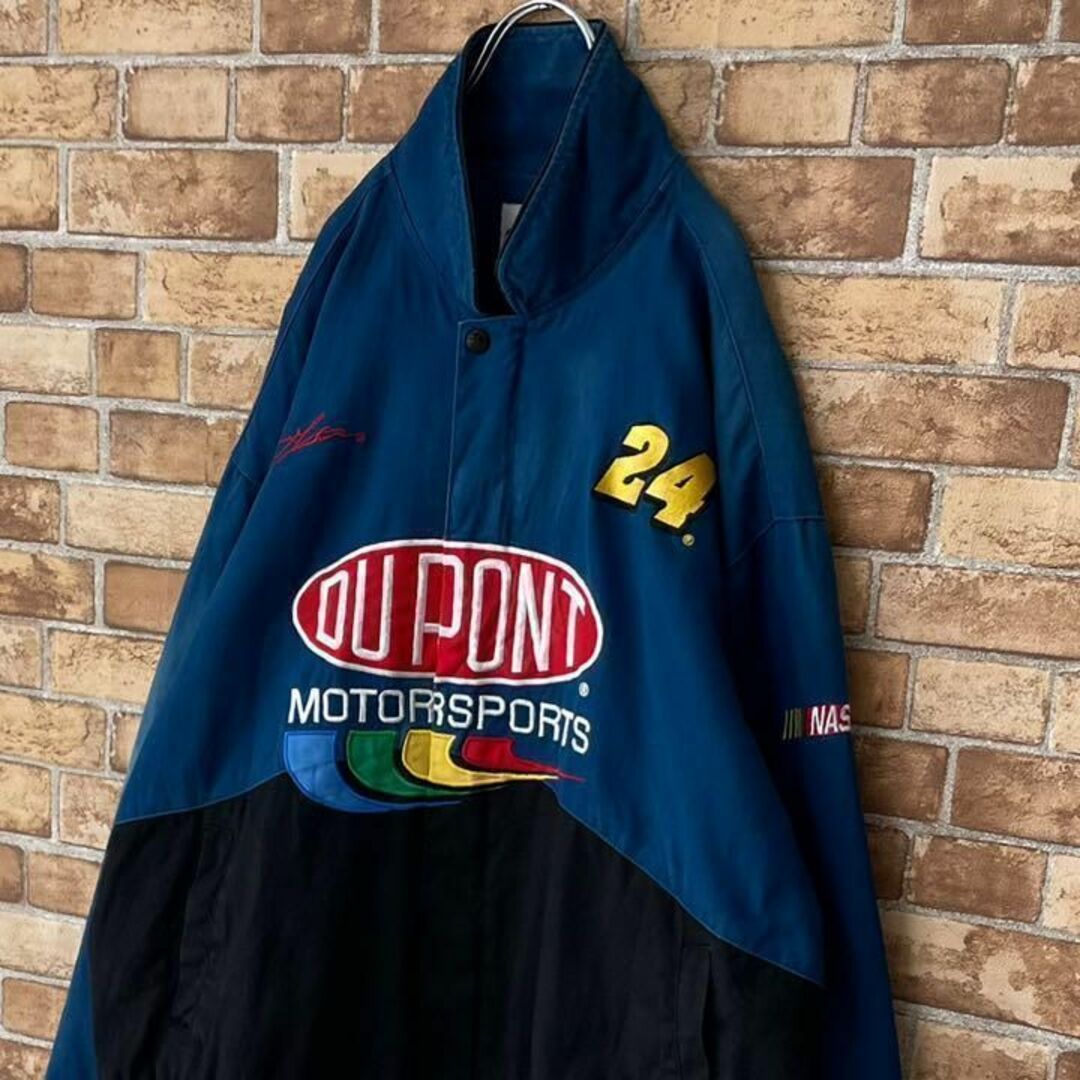 ヴィンテージ　レーシングジャケット　企業刺繍　ビッグシルエット　黒　ブルー　XL