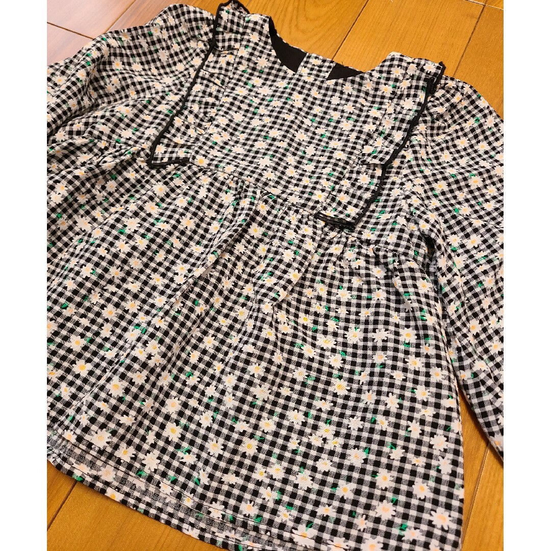 ZARA KIDS(ザラキッズ)の【こう様】ギンガムチェック×花柄パフブラウス98cm/2～3years キッズ/ベビー/マタニティのキッズ服女の子用(90cm~)(ブラウス)の商品写真