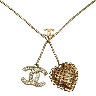 シャネル(CHANEL)のCHANEL シャネル ネックレス ハートモチーフ ココマーク ココ ゴールド ペンダント アクセサリー GP  ラインストーン   01P レディース 約19.2g 人気 2001年【中古品】(ネックレス)