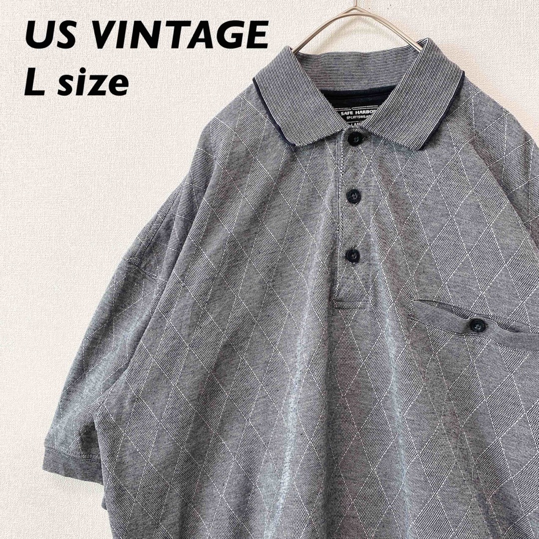 US古着　半袖ポロシャツ　ラガー　アーガイル　男女兼用　グレー　Lサイズ メンズのトップス(ポロシャツ)の商品写真