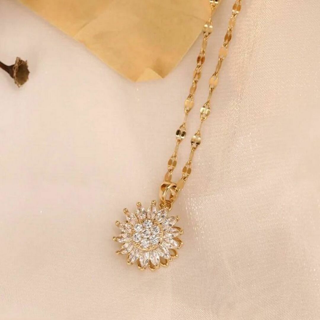 775 ゴールド ネックレス czダイヤモンド ひまわり 花 フラワー 結婚式