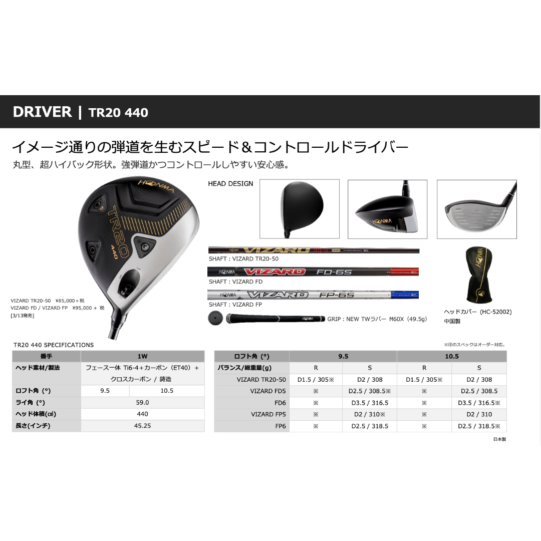 クラブHONMA VIZARD　TR-20-50 S(50g台)ドライバーシャフト