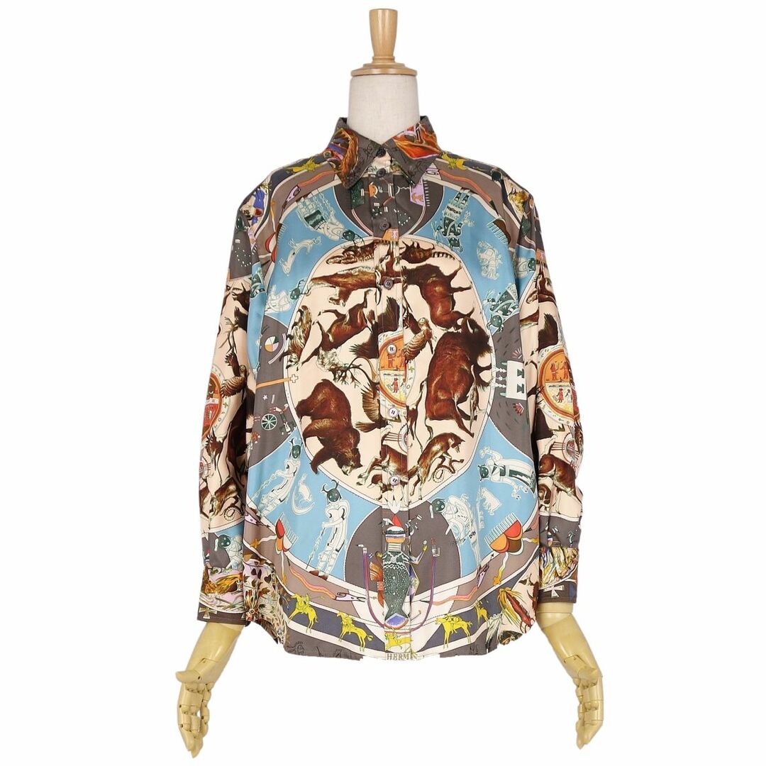 美品 エルメス HERMES シャツ ブラウス マルジェラ期 LES MYTHOLOGIES DES HOMMES ROUGES 褐色の男達の伝説 トップス レディース 36(S相当) マルチカラー