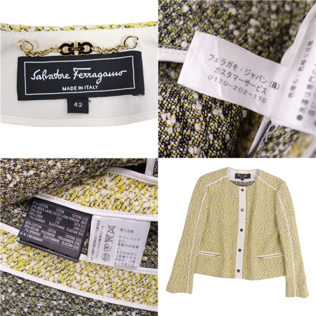 Salvatore Ferragamo(サルヴァトーレフェラガモ)の美品 サルヴァトーレ フェラガモ Salvatore Ferragamo ジャケット ノーカラー ツイード アウター レディース 42(M相当) イエロー/ホワイト レディースのジャケット/アウター(その他)の商品写真