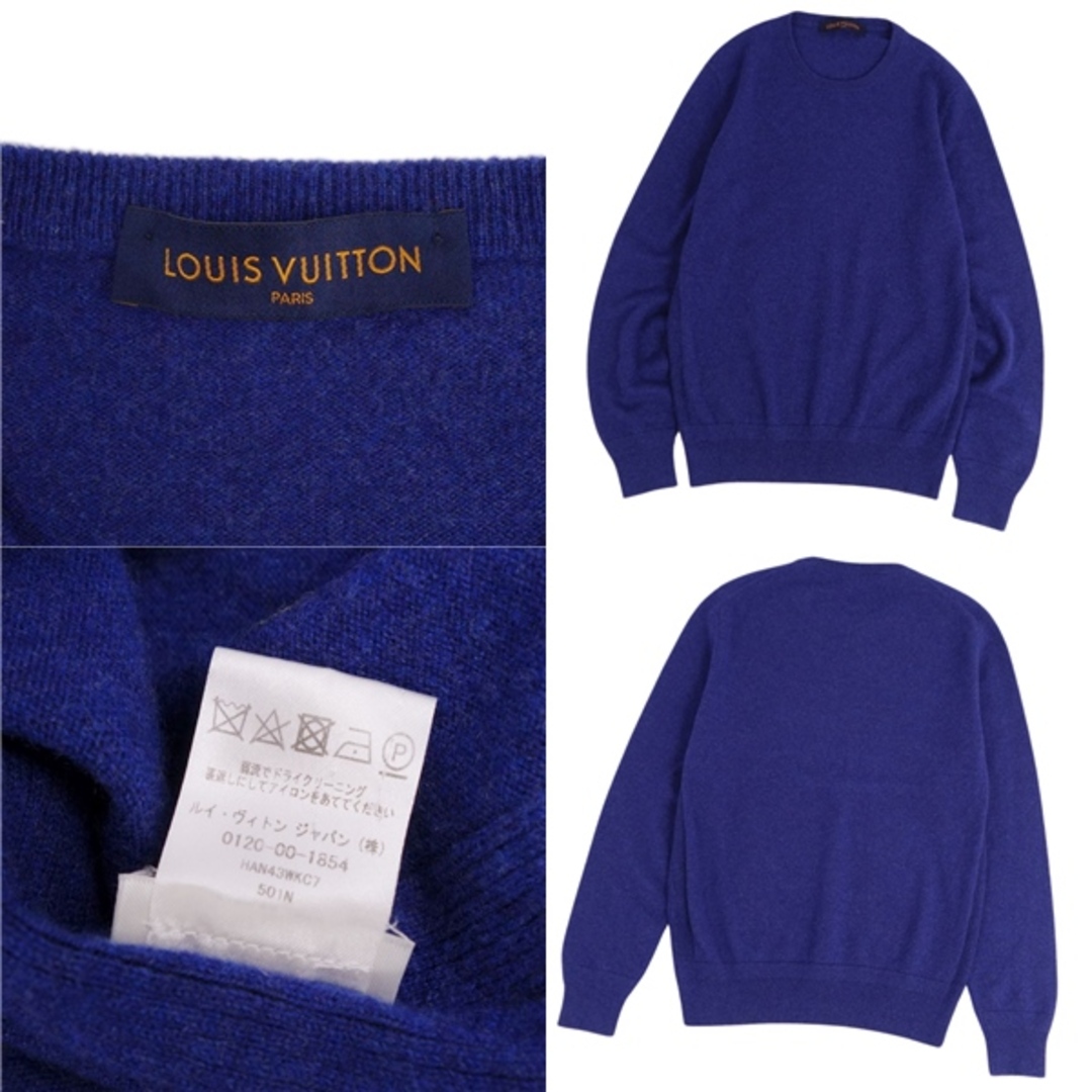 美品 ルイヴィトン LOUIS VUITTON ニット セーター カシミヤ ウール LV刺繍 トップス メンズ イタリア製 S ネイビー