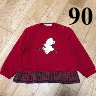 ファミリア(familiar)のファミリア 赤チェック フリル トレーナー くま りんご 長袖 90(Tシャツ/カットソー)