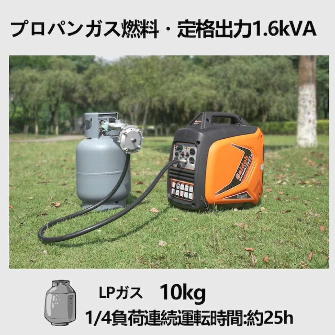 16kVAガソリンLPガス/ガソリンインバーター発電機 定格出力1.6kVA/1.8kVA